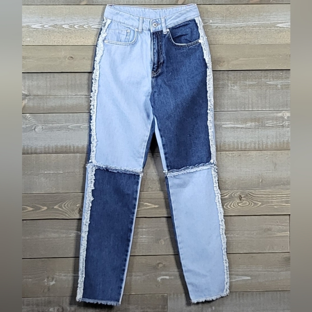 NWT The Ragged Priest Two-Tone Frayed Patchwork Straight Leg Jeans